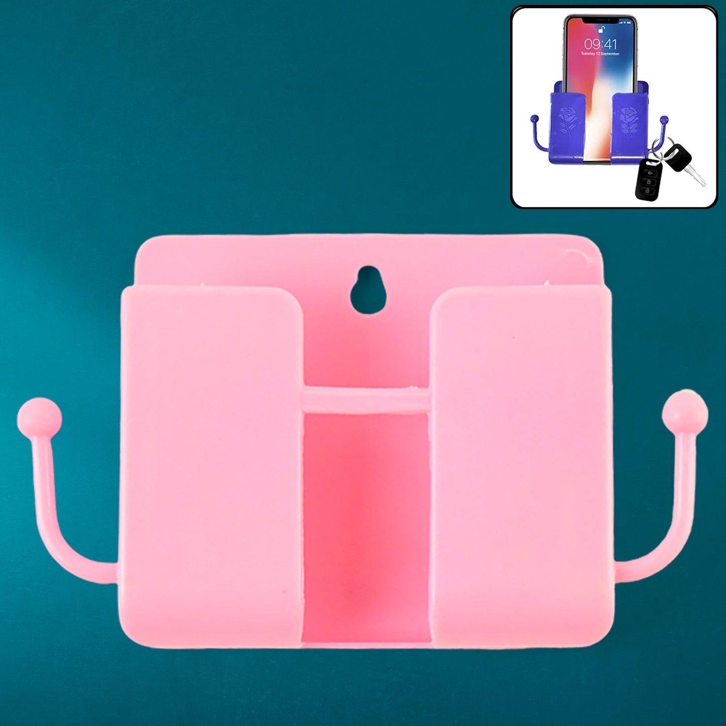 Blue wall mount mobile stand with hook for phone and small items