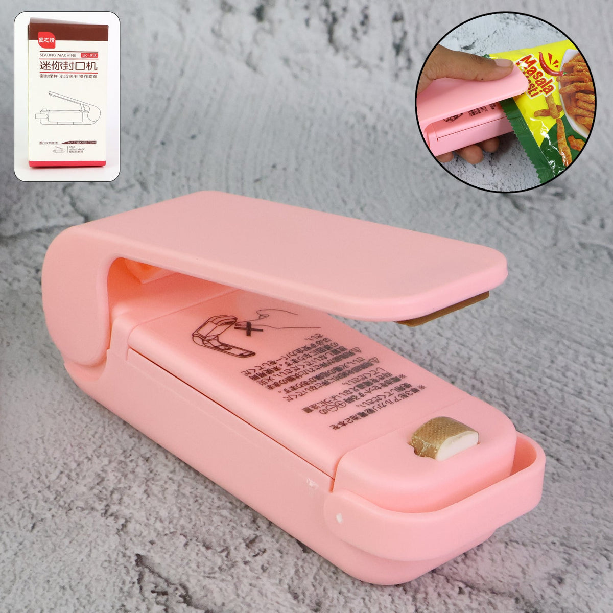 A pink plastic bag sealer is displayed on a grey textured surface, with a small box and a hand sealing a bag in insets.