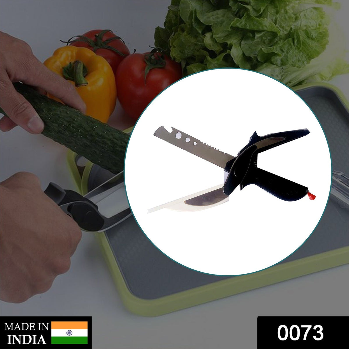 A person's hands use a clever cutter to slice a cucumber on a green cutting board, with a circular inset of the product.