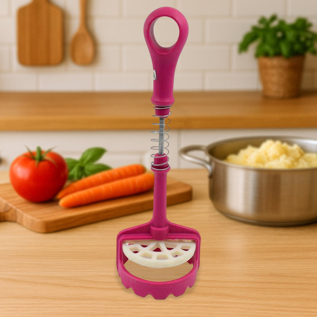 A pink and white plastic potato masher stands on a wooden counter, with a pot of mashed potatoes behind it.