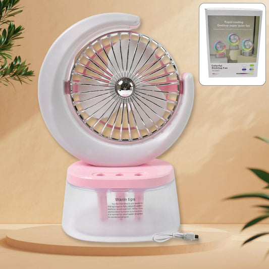 Airvanta portable humidifying fan with LED light on a wooden desk.