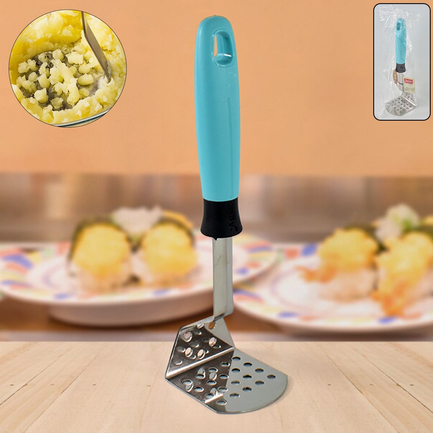 Apex stainless steel potato masher with ergonomic L-handle for easy mashing