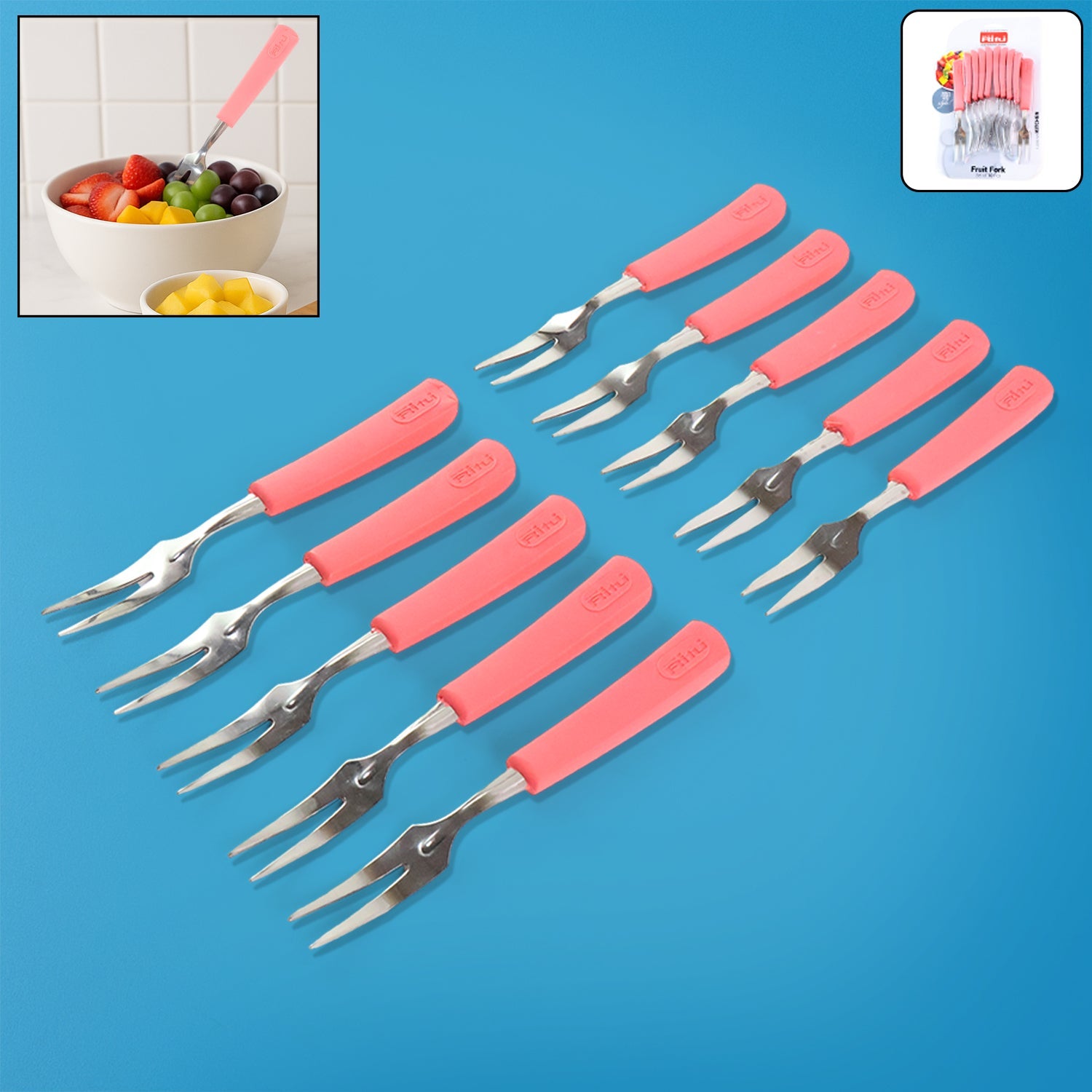 Set of 10 stainless steel fruit forks with soft non-slip pink handles