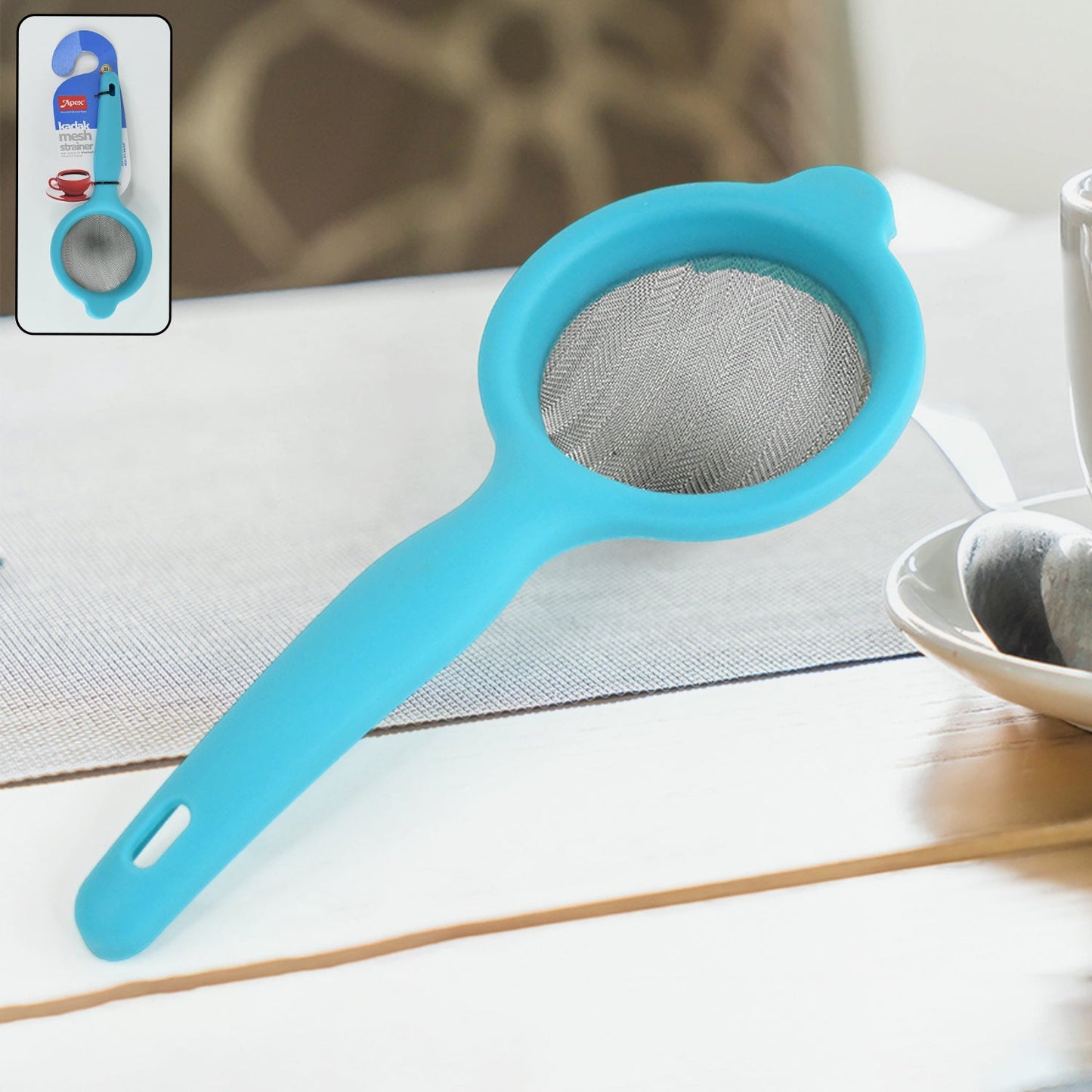 Kadak fine stainless steel mesh strainer angled view