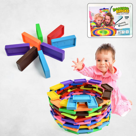 Children arranging colorful wooden domino blocks for a chain reaction game.