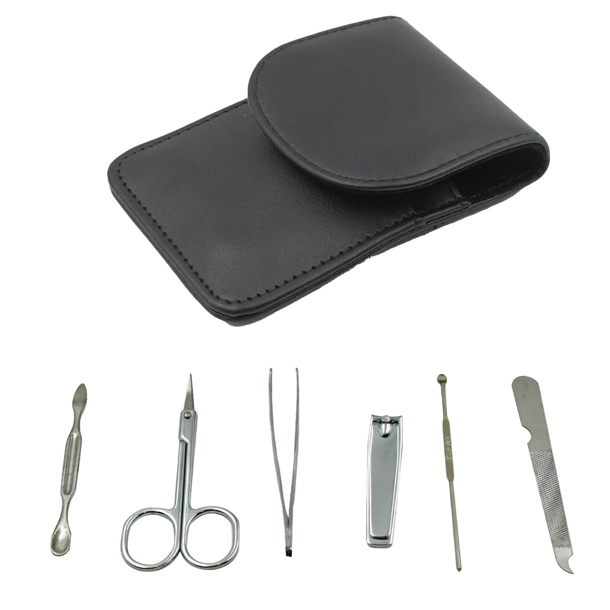 A black leather case and six silver manicure tools are displayed separately on a white background.