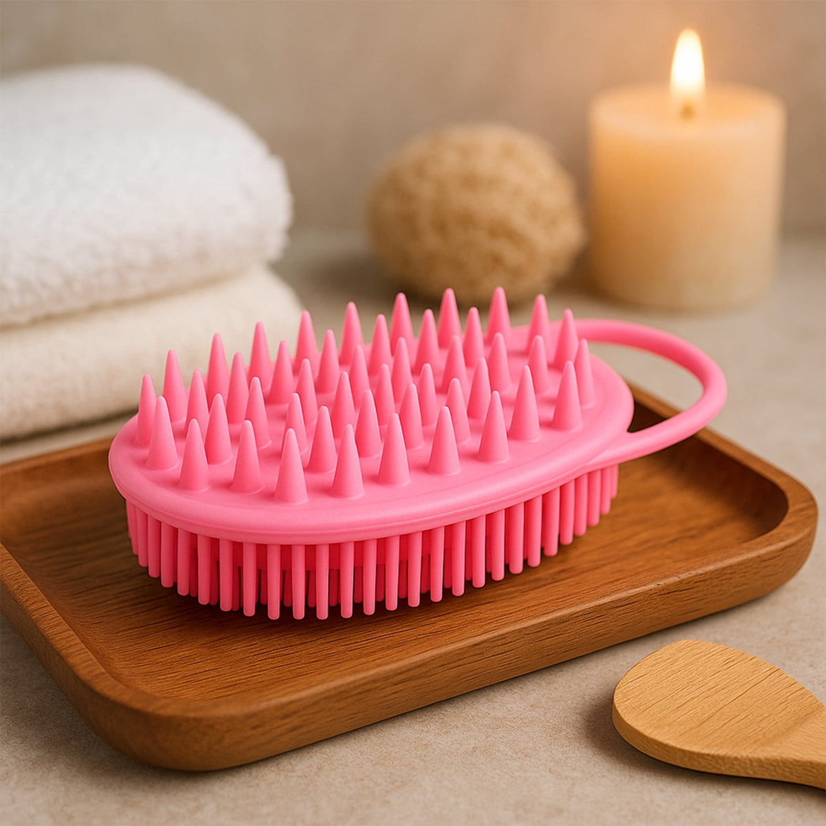 A pink silicone body brush with spiky bristles sits on a wooden tray, with a lit candle and white towels in the soft-focus