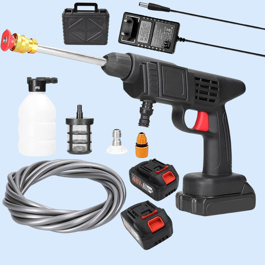 Cordless car washer gun in action, demonstrating powerful spray for vehicle cleaning.