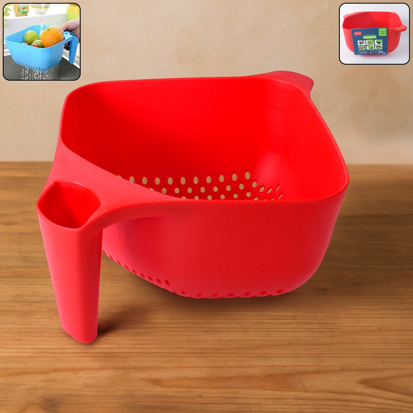 Plastic strainer bowl with ergonomic handle for easy washing and draining