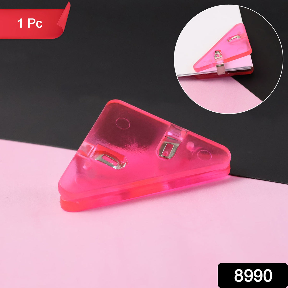 A pink plastic triangle corner clip on a pink and black background, with a circular inset showing it on a notebook.