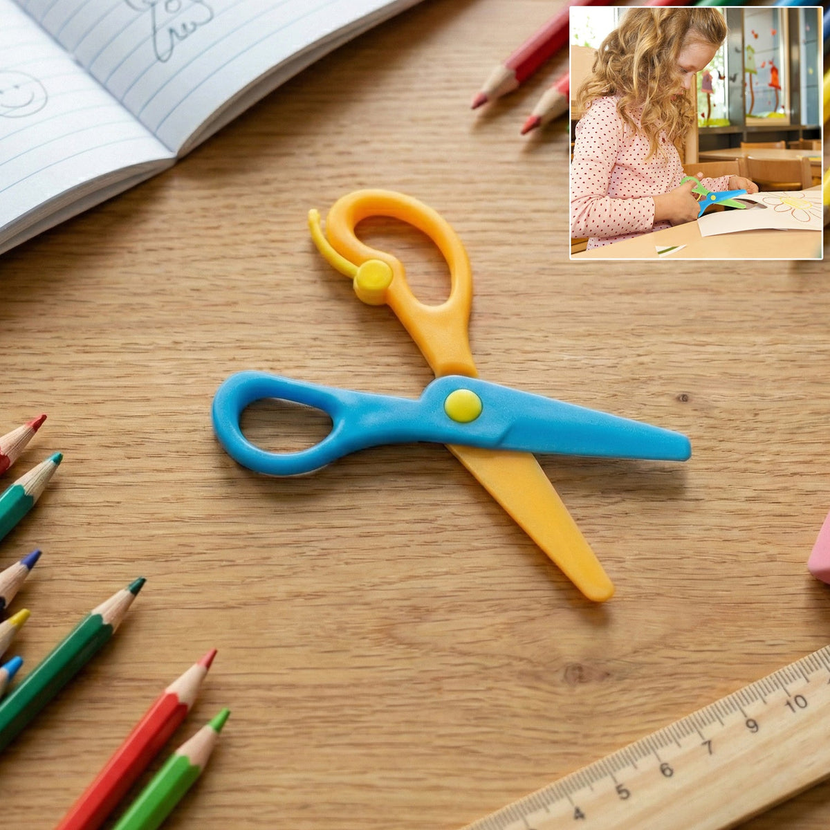 A pair of blue and orange plastic scissors on a wooden desk, with a small inset of a child crafting.