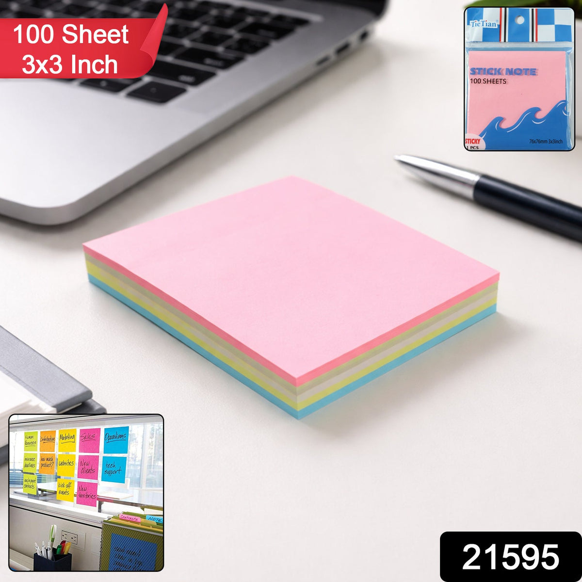 A stack of pink, yellow, and blue sticky notes on a white desk with a laptop and pen. An inset shows the product packaging