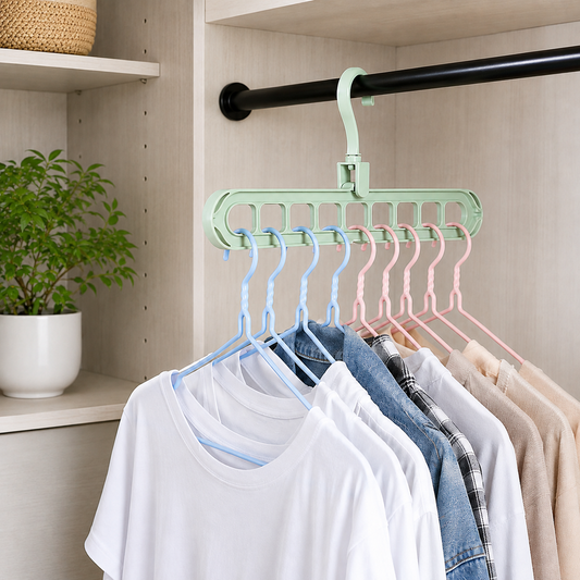 A green plastic multi-hole hanger with clothes hanging in a closet.