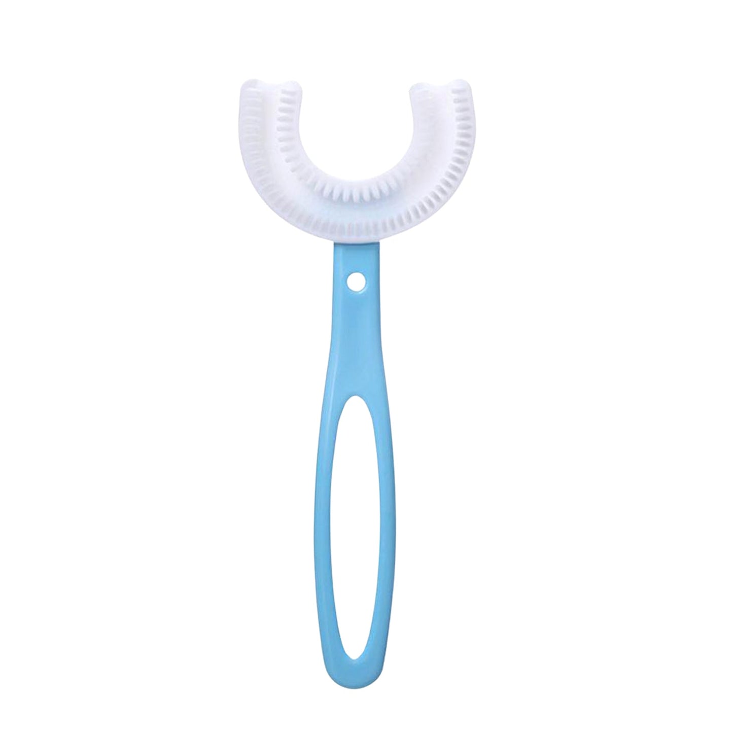 A single blue U-shaped toothbrush with white bristles is centered on a white background.