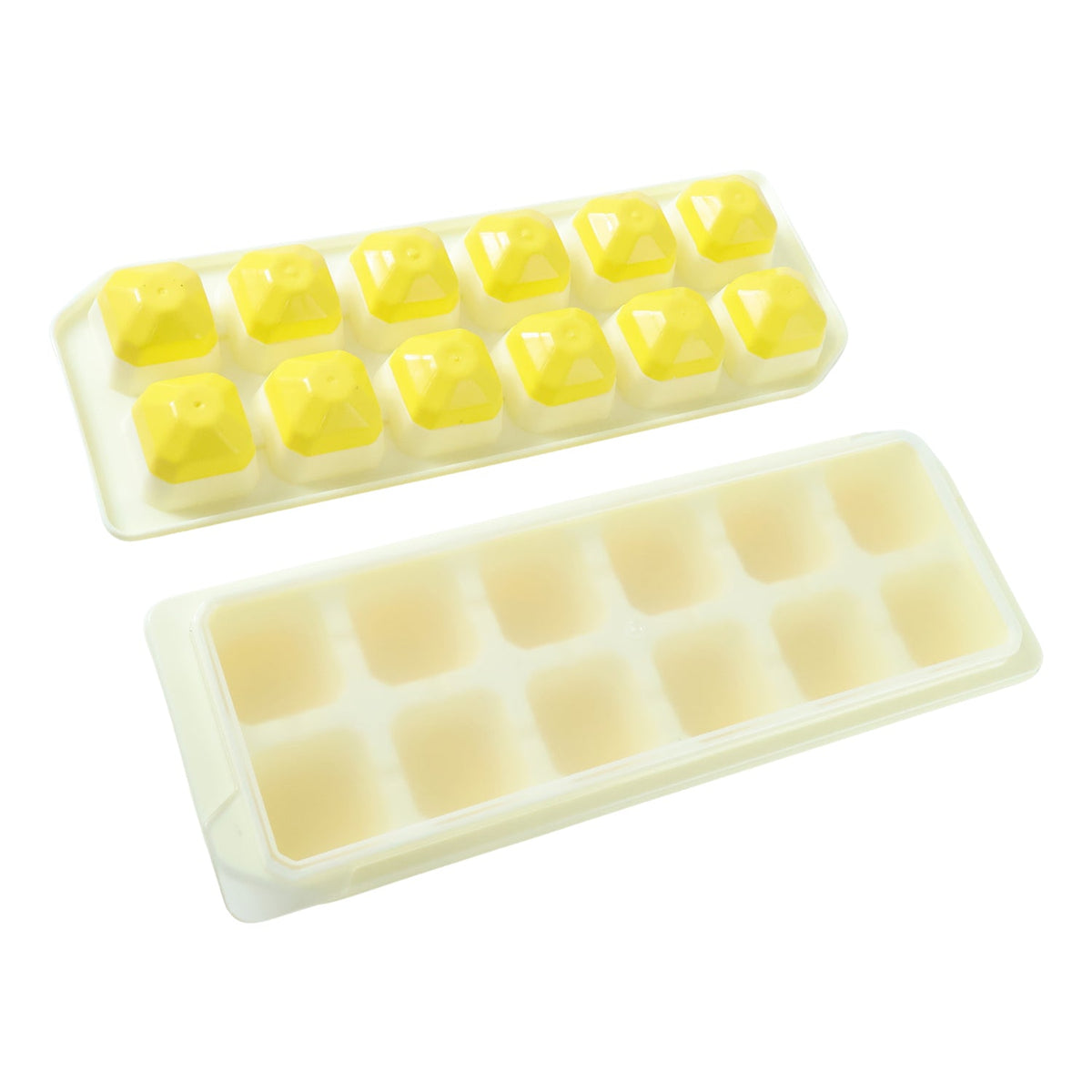 Two yellow silicone ice cube trays with clear lids, one inverted to show the yellow silicone molds, on a white background.