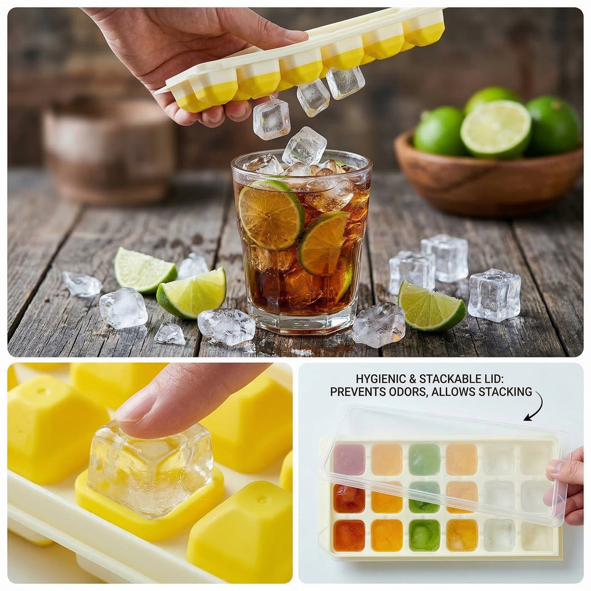 A hand presses ice cubes from a yellow tray into a glass of iced drink with lime slices. Inset shows a finger pressing out