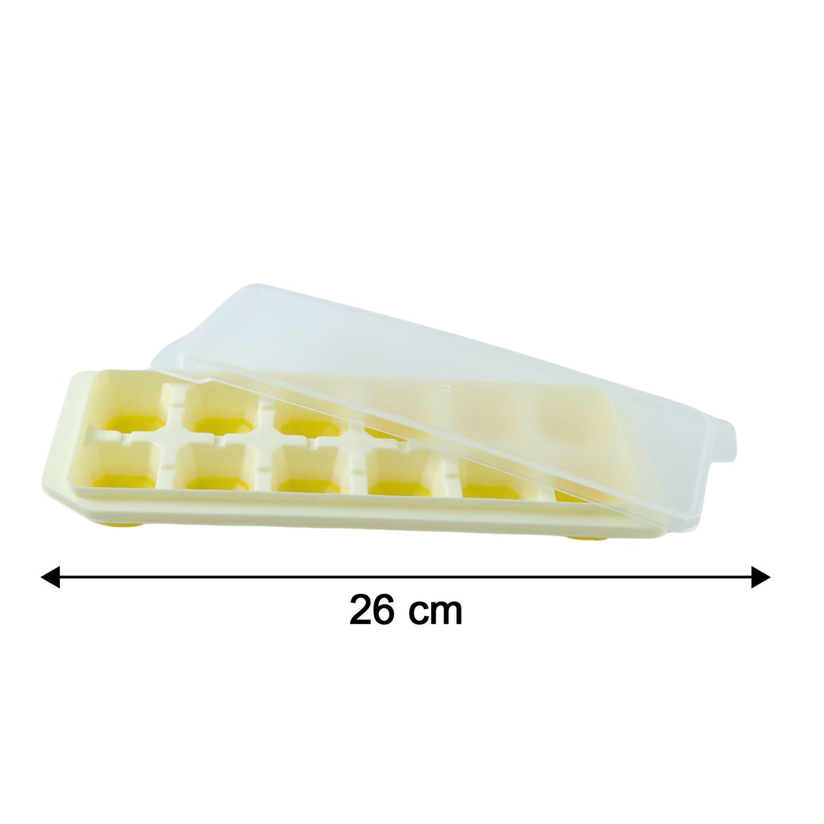 A single yellow silicone ice cube tray with a clear lid partially open, displaying a 26 cm measurement arrow below it.