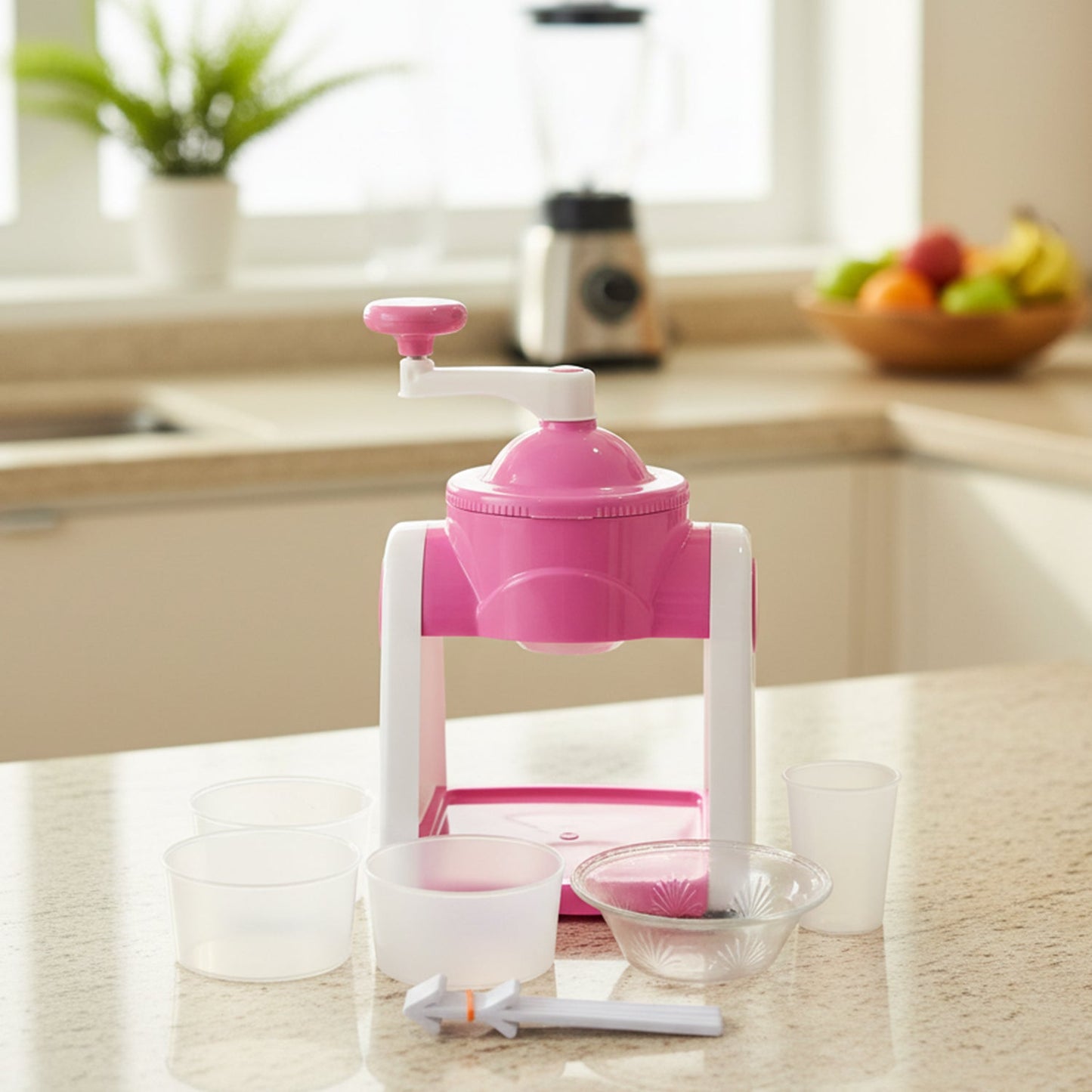 Side view of compact pink manual ice gola maker