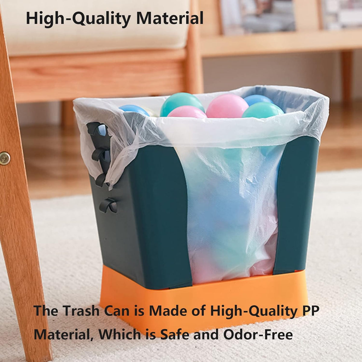 A teal and orange trash bag holder with a clear bag full of colorful balls sits on a rug, with text overlays.