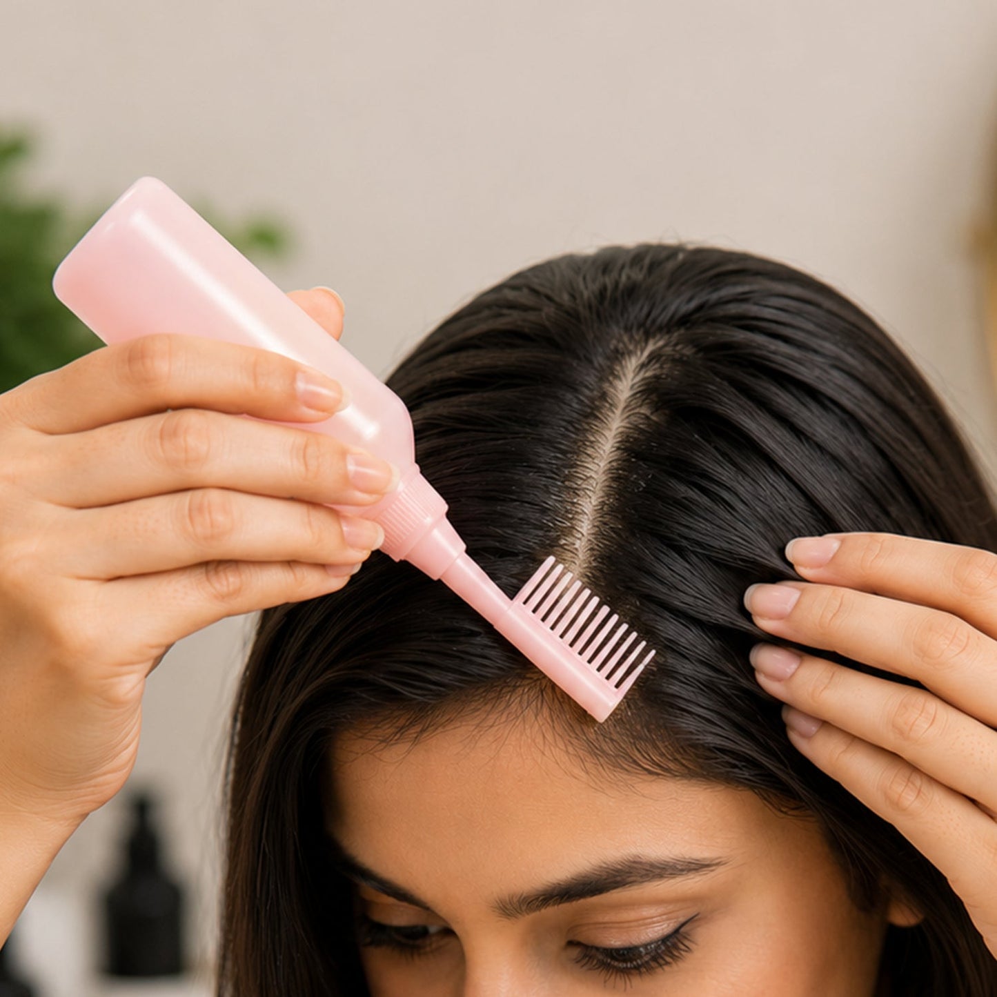 A person applies product to their dark hair with a pink 2 In 1 Hair Oil Applicator Bottle with Scalp Comb.