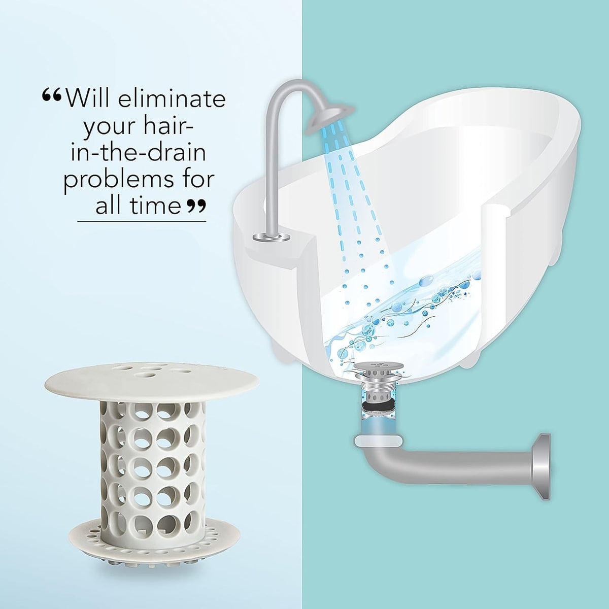 The white silicone tub drain hair catcher is on the left, and an illustration of water flowing through a bathtub drain with