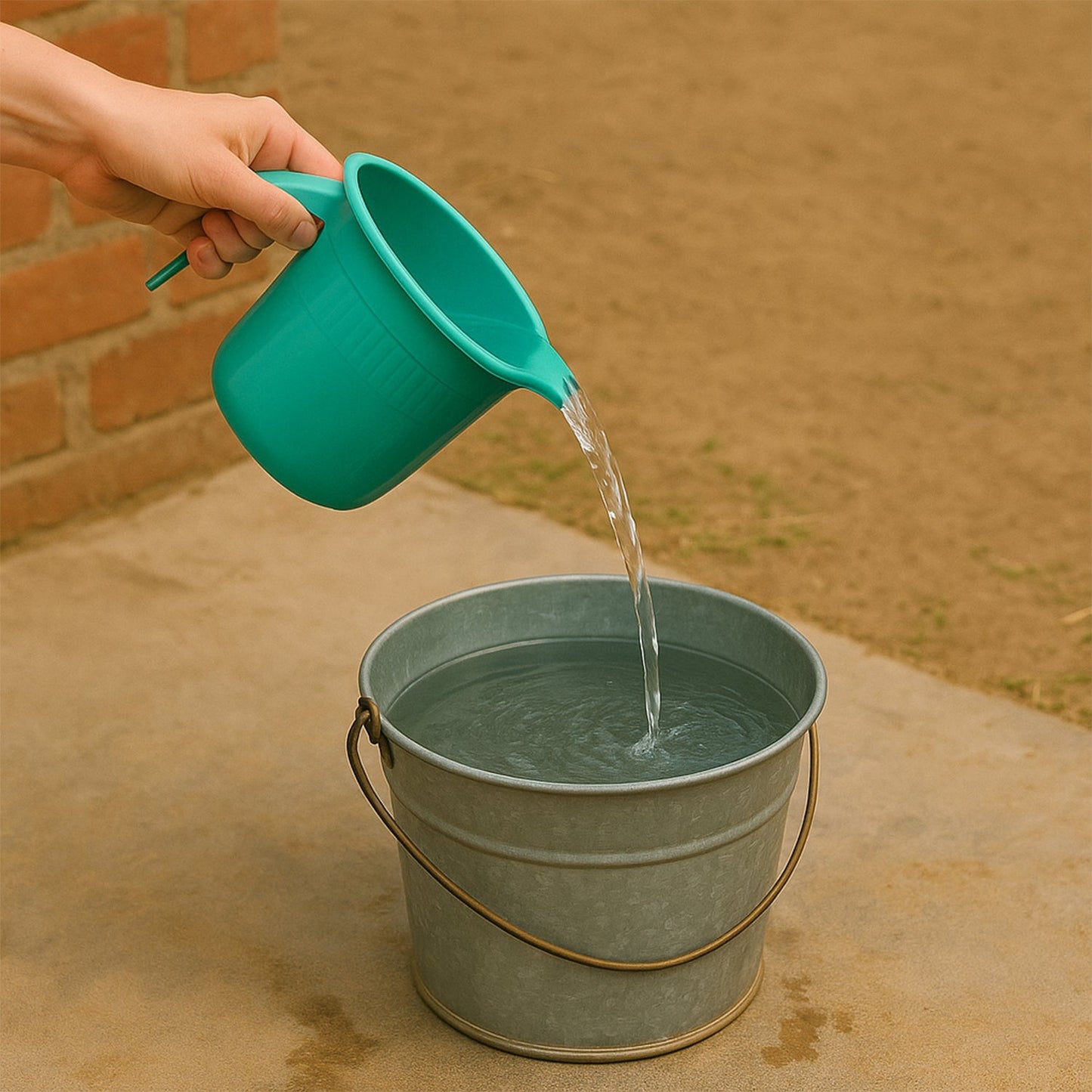Spill-resistant pouring spout on plastic bath mug