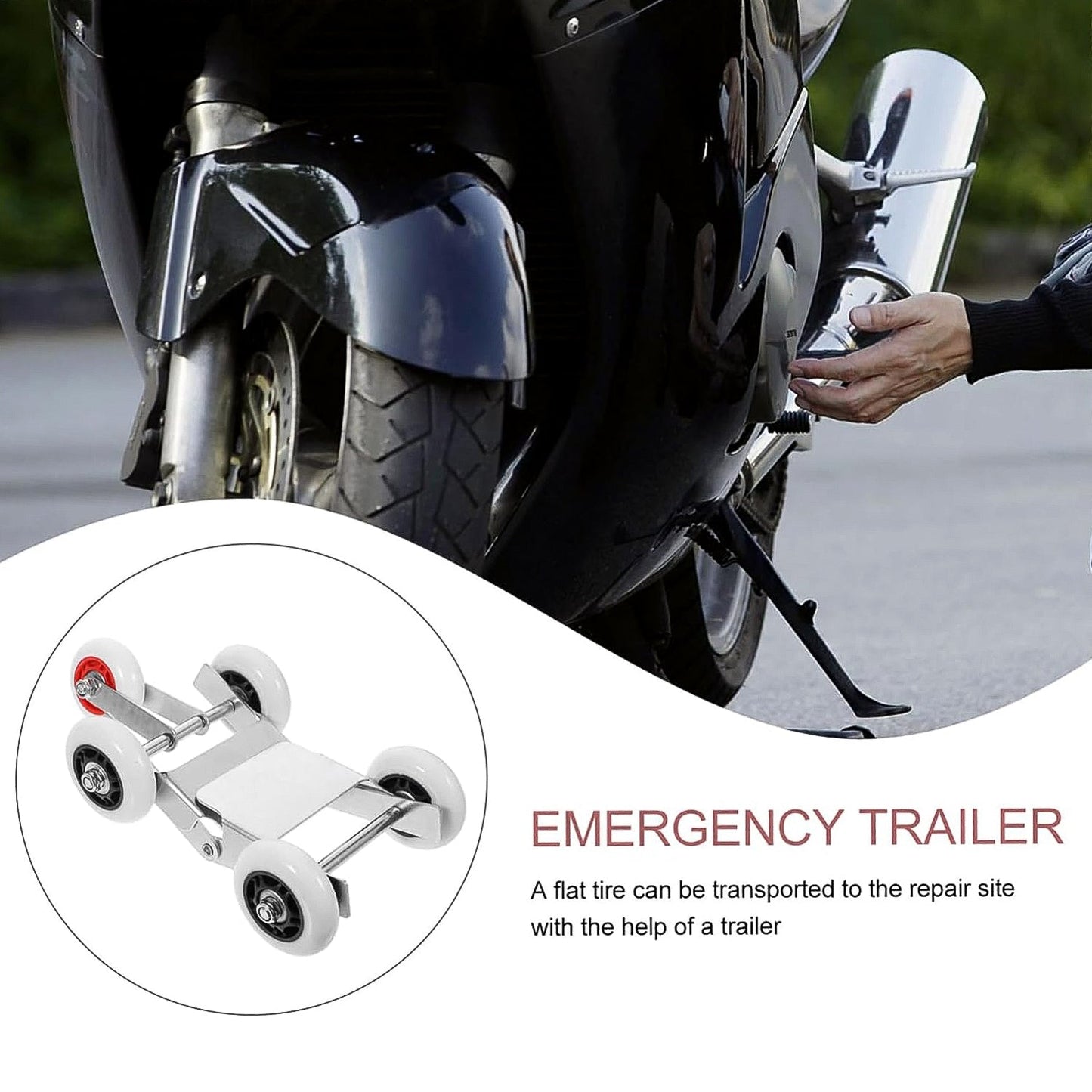 A person's hand is near a motorcycle tire, with an inset showing the roller stand and text about an emergency trailer.