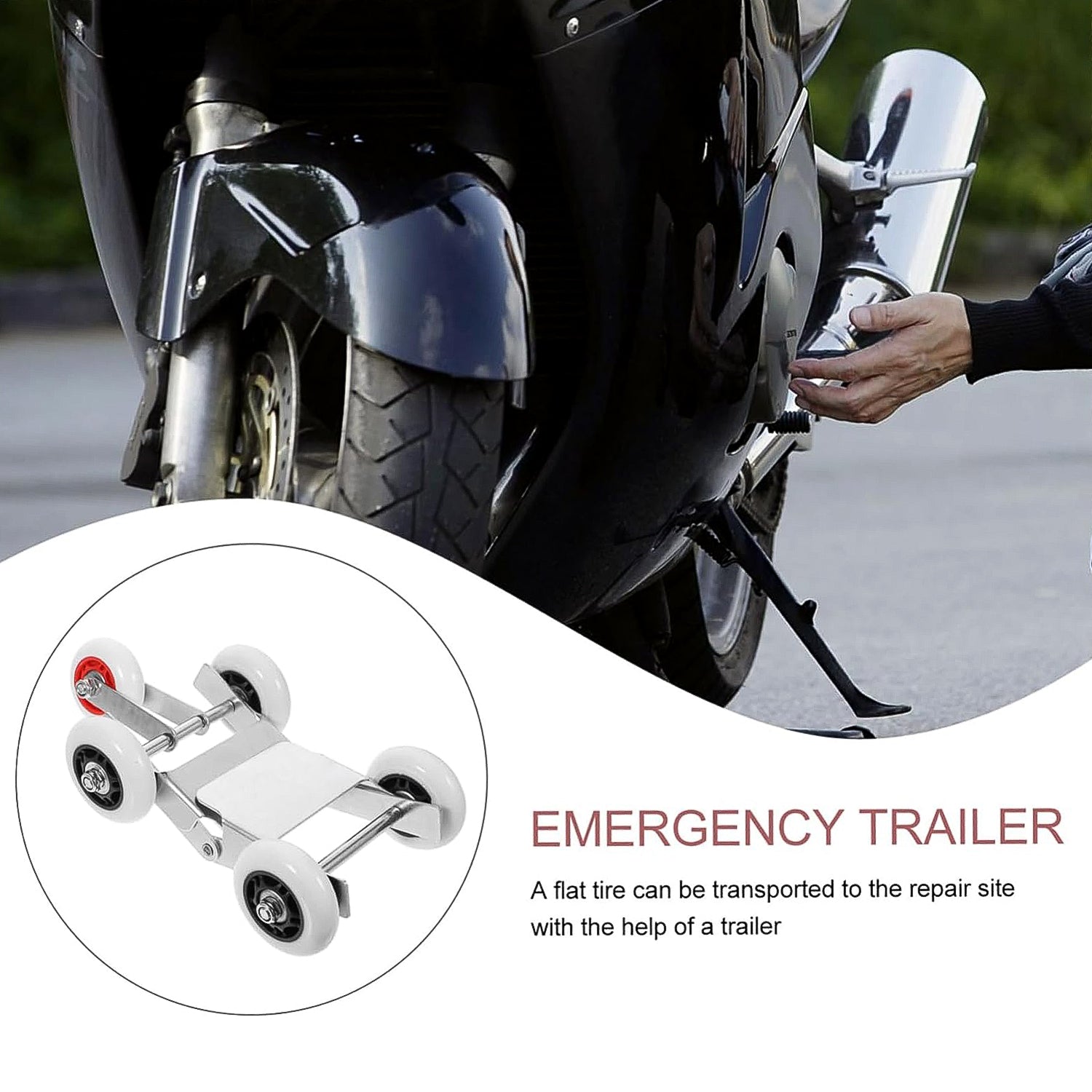 A person's hand is near a motorcycle tire, with an inset showing the roller stand and text about an emergency trailer.