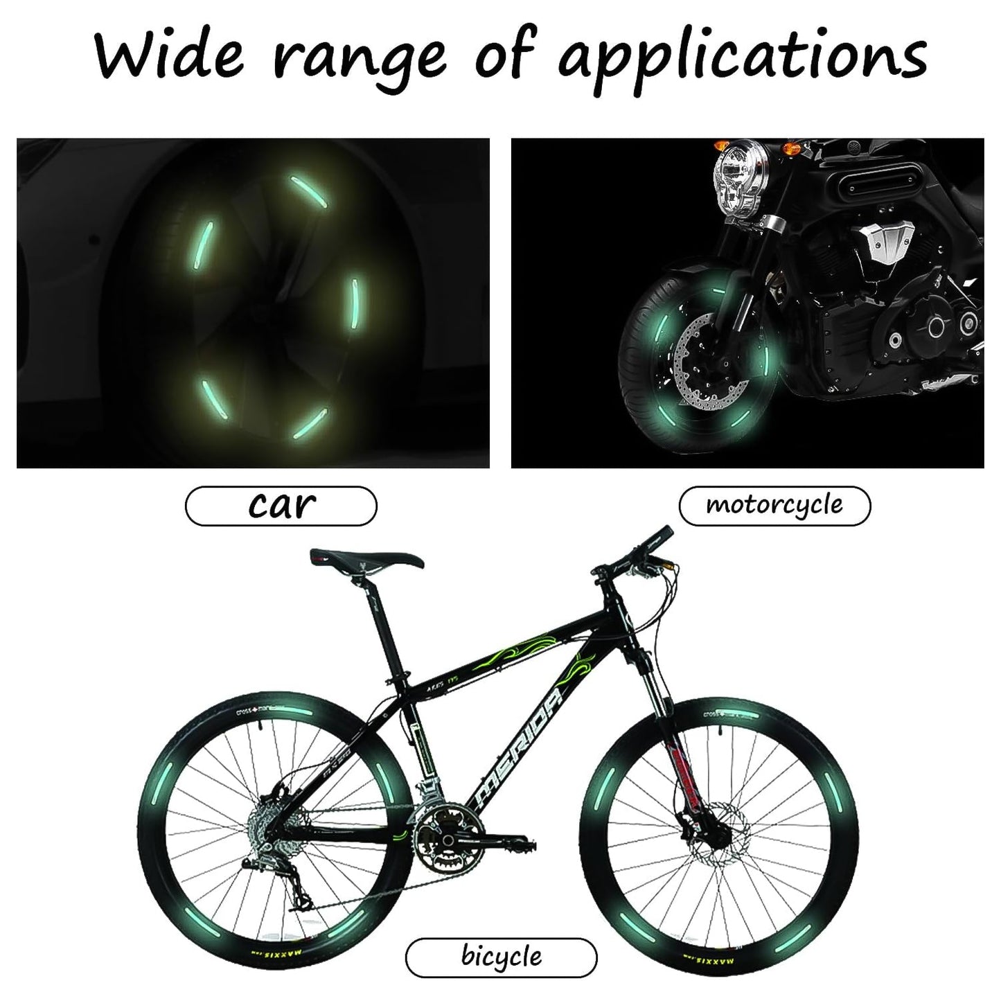 Three images showing reflective stickers applied to a car wheel, motorcycle wheel, and bicycle wheel.