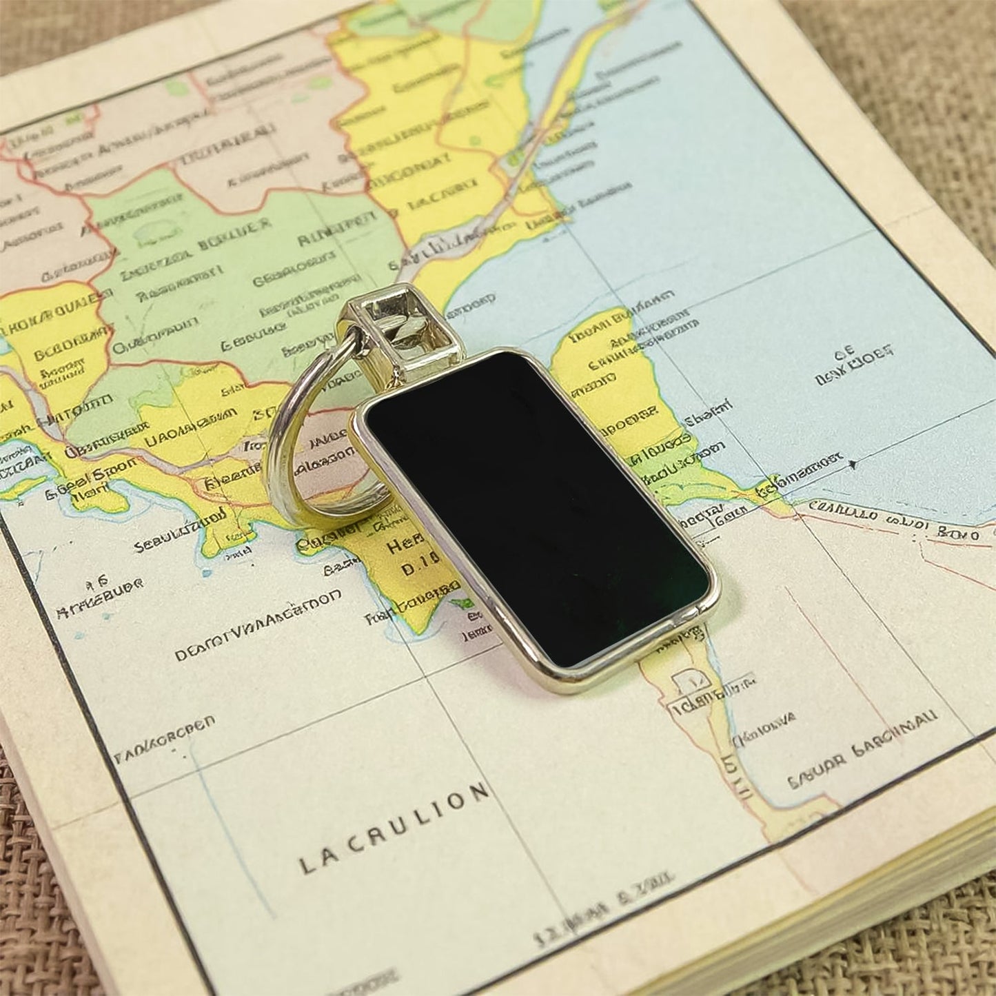 Black and silver rectangular metal keychain accessory with sturdy build