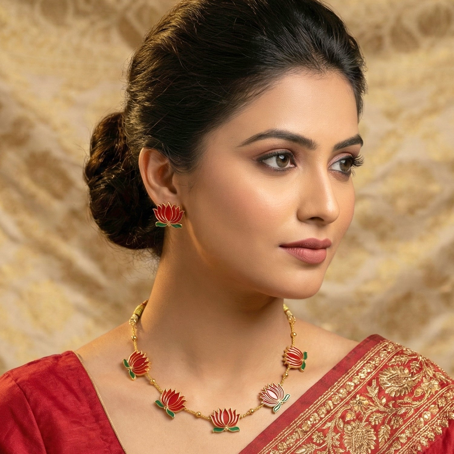 Traditional red lotus necklace and stud earrings jewellery set