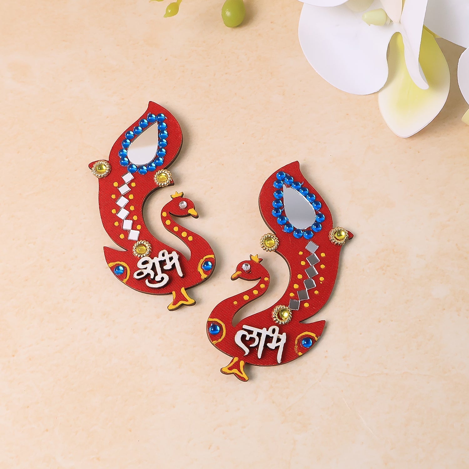 Auspicious wooden Shubh Labh wall hanging showcasing colorful peacock craftsmanship
