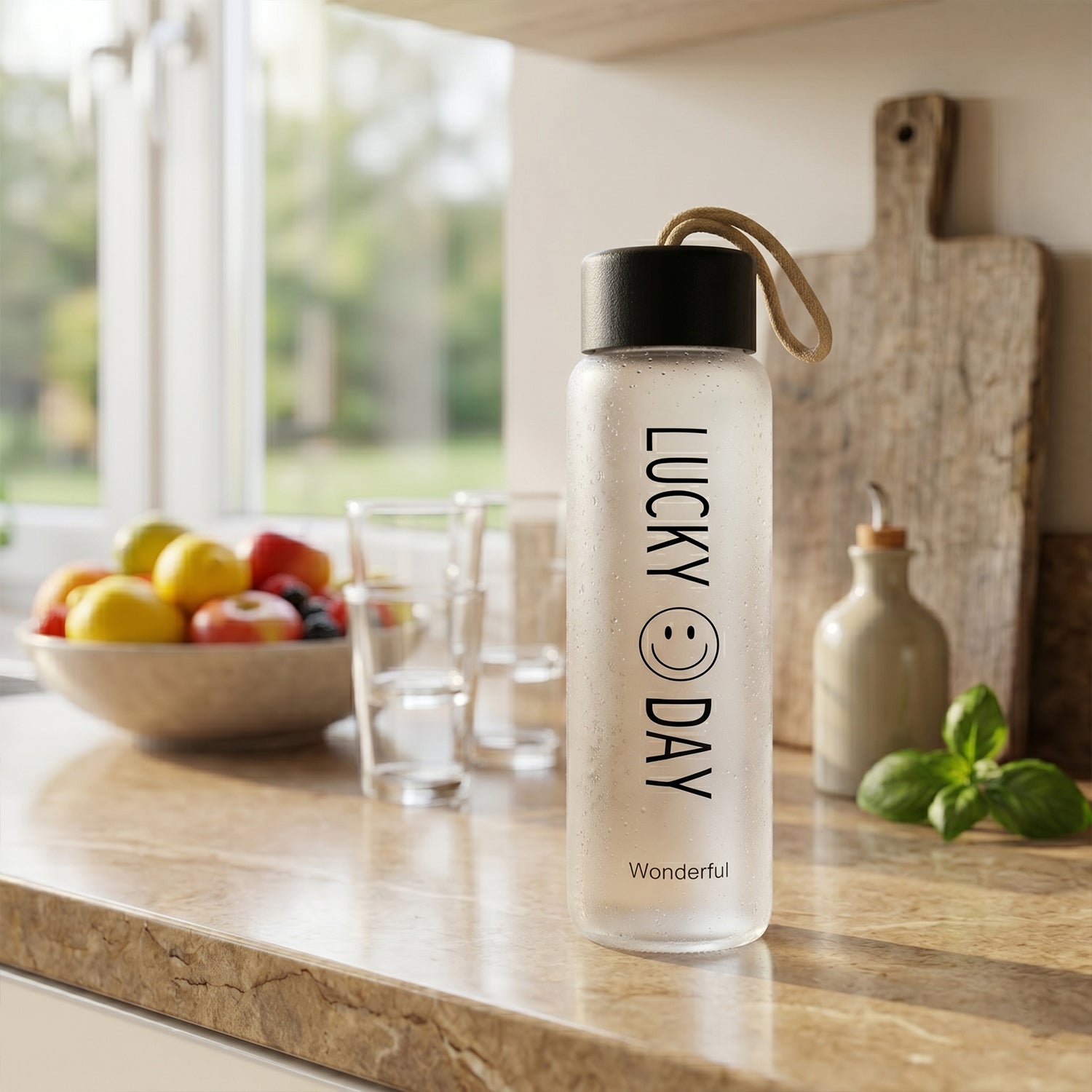 Reusable frosted glass bottle with easy-to-clean design
