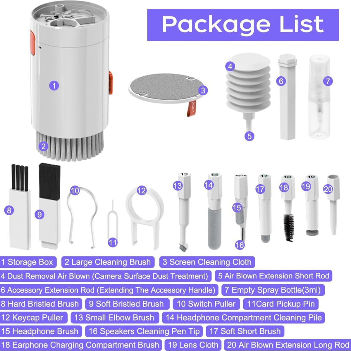 White multi-tool cleaning kit with all 20 numbered components and their corresponding labels for identification.