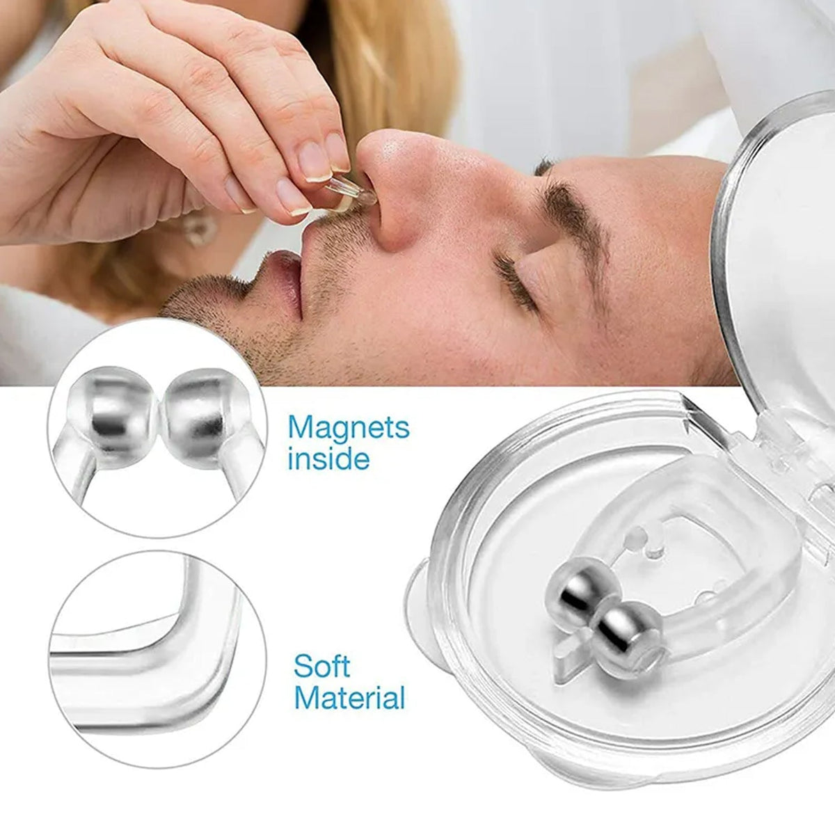 A person inserting a clear silicone nose clip into their nostril, with close-ups of the magnets and soft material.