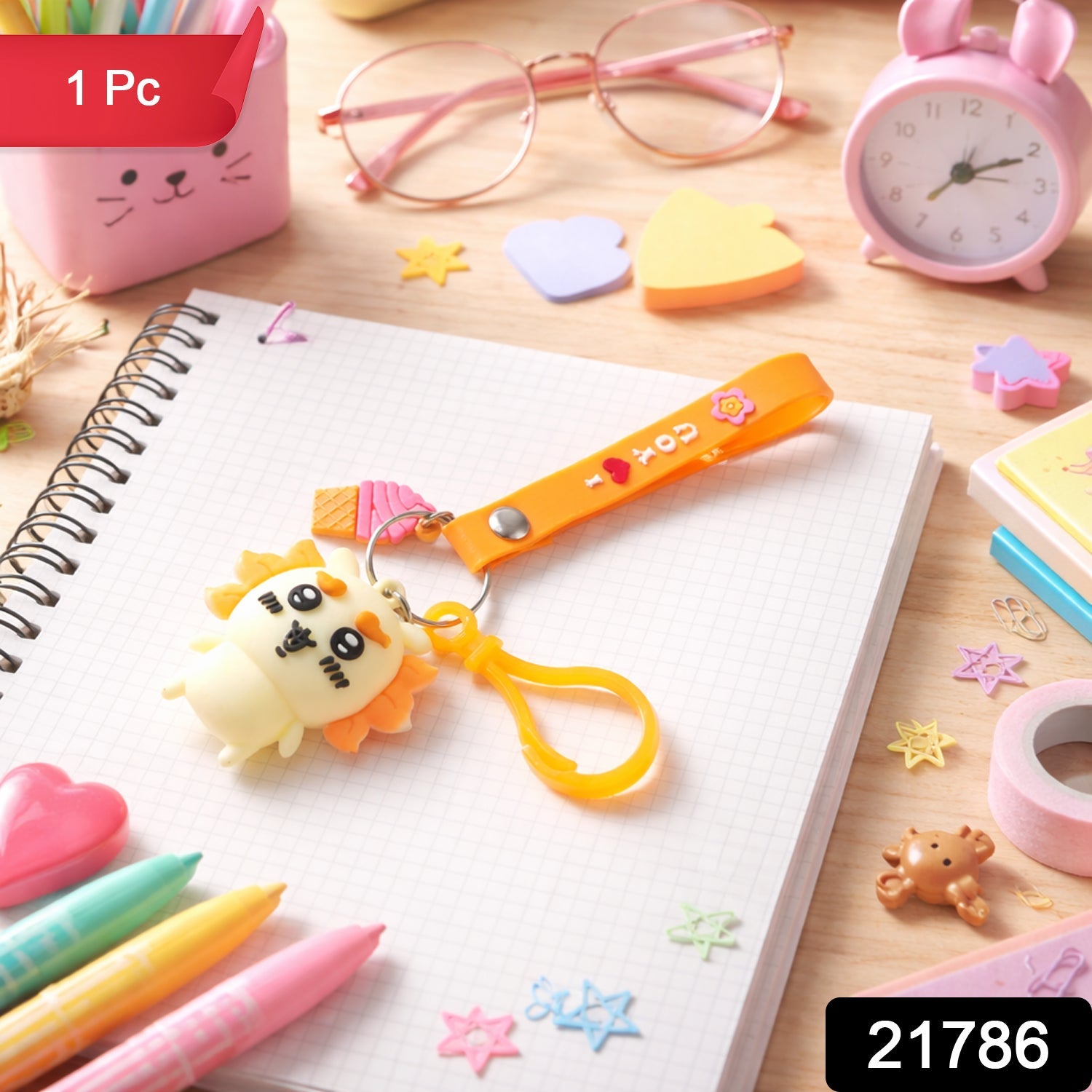 Colorful cartoon animal keychain with silicone strap on a keyring
