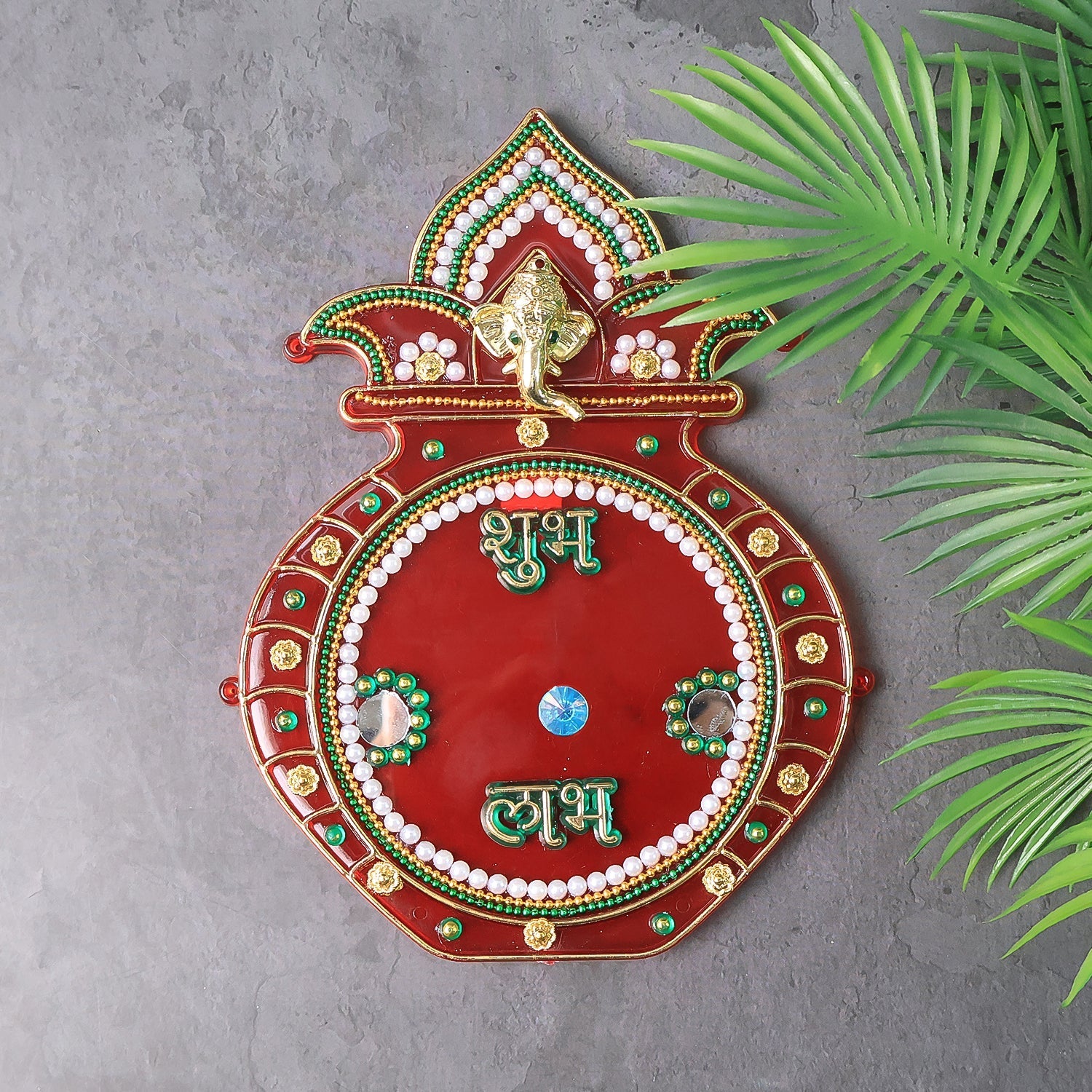 Red base Kalash wall hanging decorated with Shubh Labh inscriptions for auspicious home