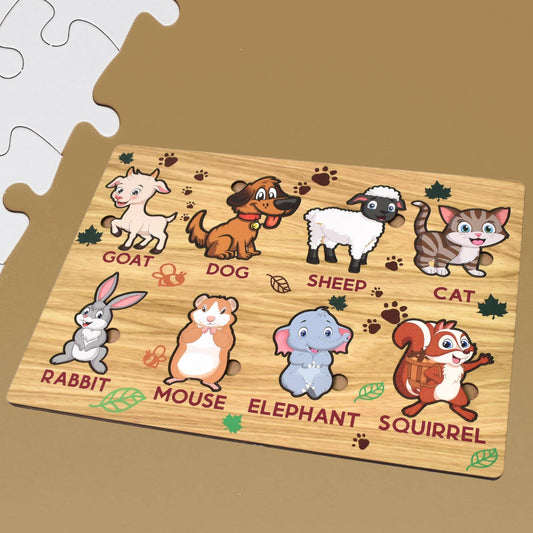 Brightly coloured wooden animal puzzle board for toddlers.