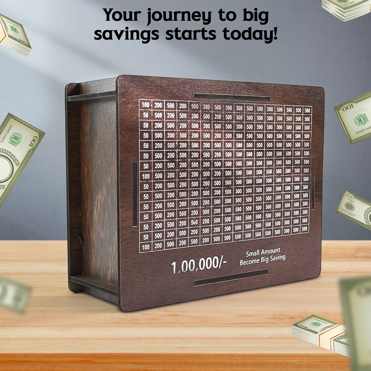 A dark brown wooden savings box with a white grid tracker on a wooden surface, with dollar bills floating around it and text