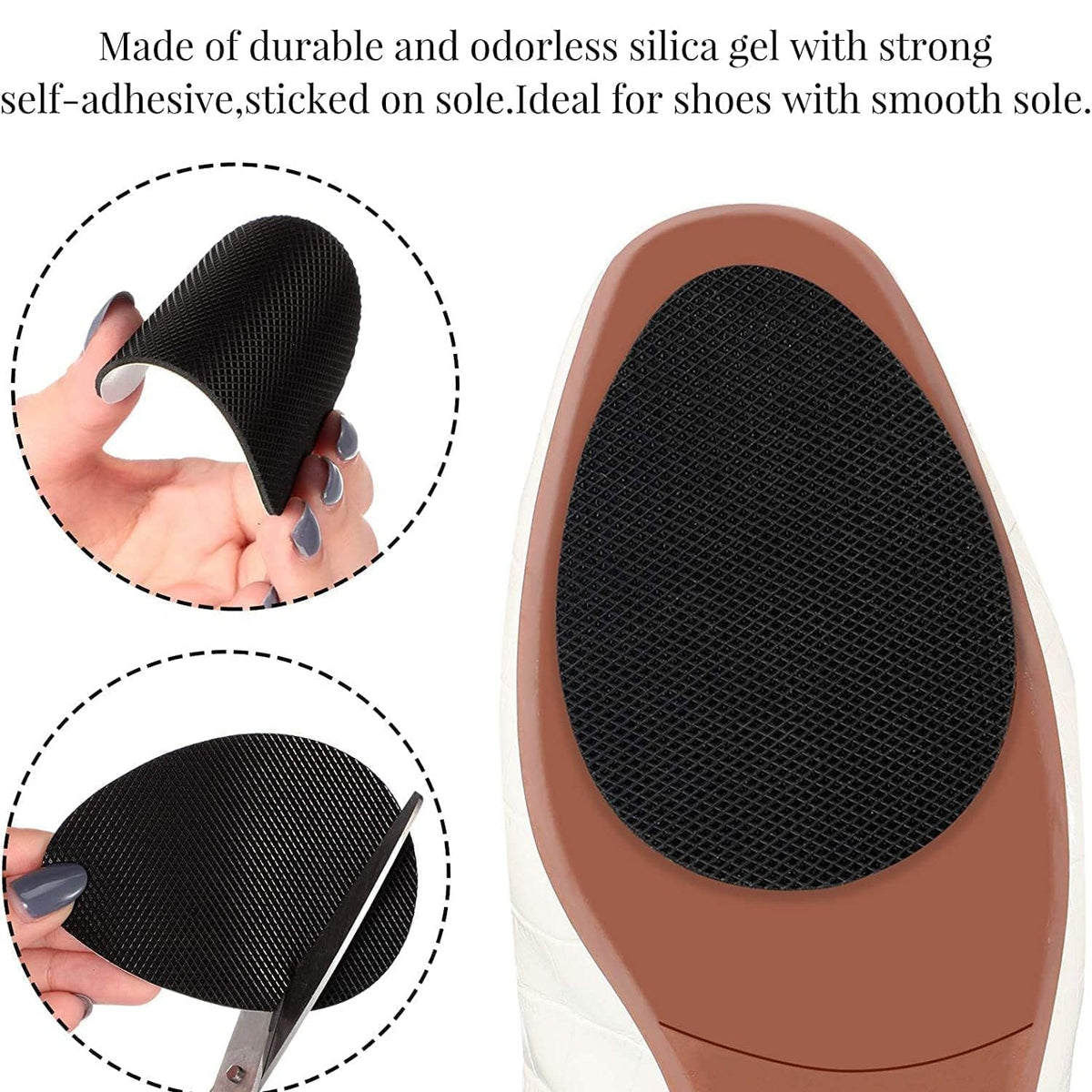 A hand holds a flexible black non-slip pad, next to a shoe sole with the pad applied, and a pad being cut.