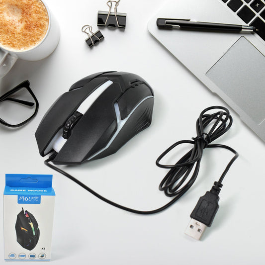 Compshop Wired Gaming Mouse with vibrant RGB lighting on a dark desk.