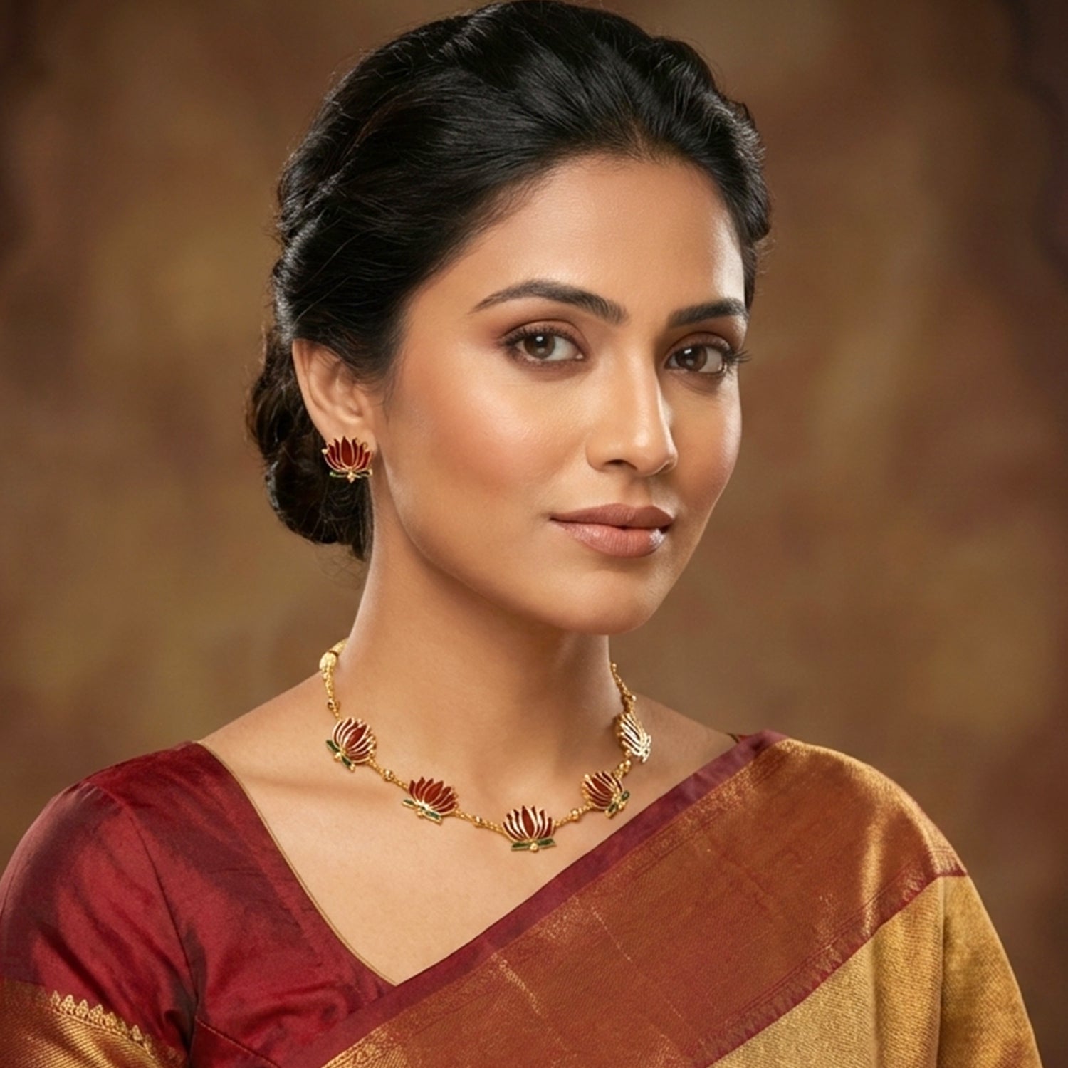 Elegant traditional lotus design jewellery set with necklace and earrings