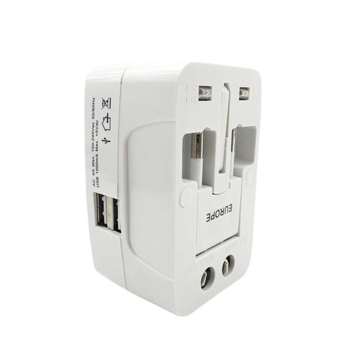 Angled view of the white universal travel adapter, showing its various ports and retractable pins.