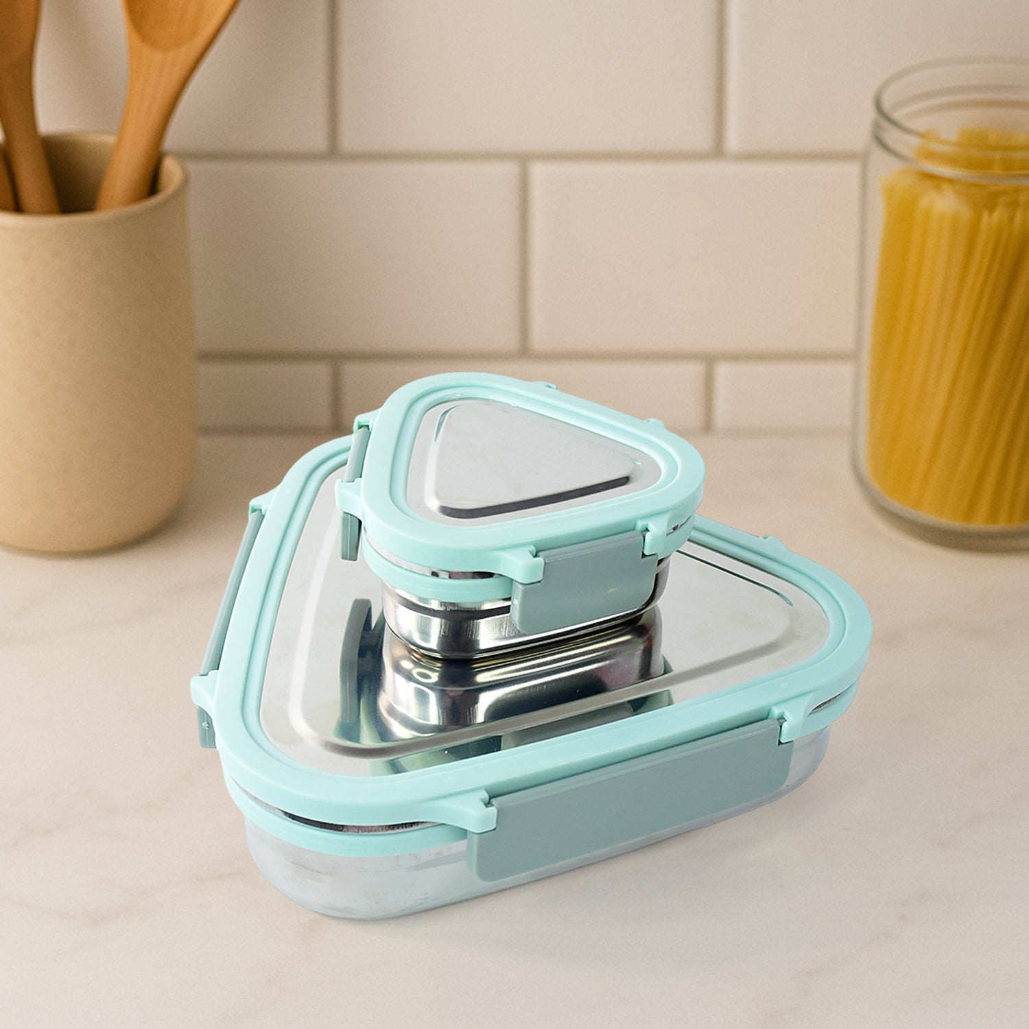 Triangle stainless steel lunch box set stacked compactly