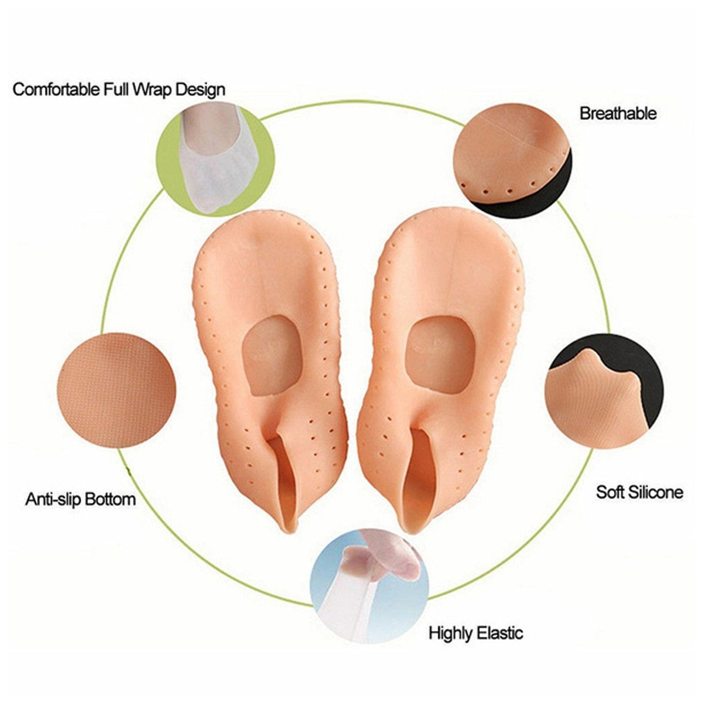 Two peach silicone heel socks with callouts for comfortable wrap, breathable, anti-slip bottom, soft silicone, and highly