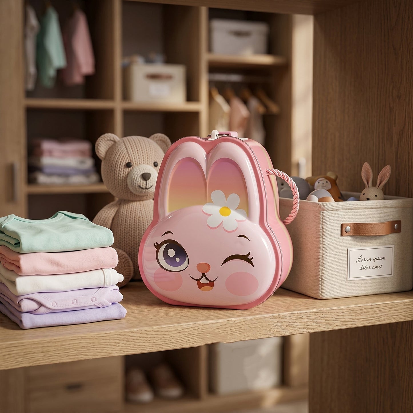 Fun kids’ piggy bank with bunny design, perfect for saving money and room decor