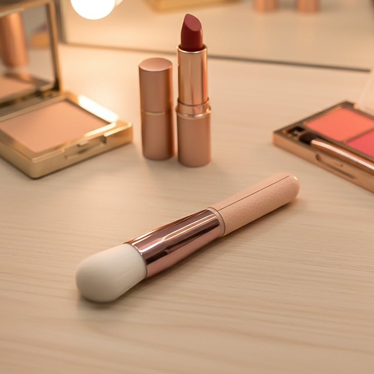 A pink and rose gold makeup brush on a wooden table with lipstick and other makeup items in the background.
