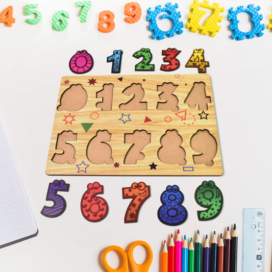 Toddler happily playing with a colorful wooden number puzzle board.