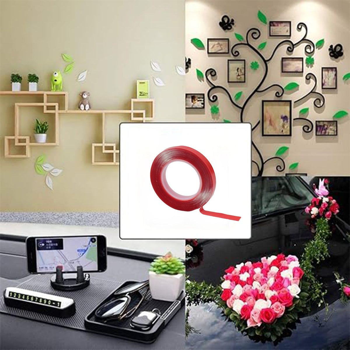 A collage shows the tape's uses: wall decor, car dashboard organization, and floral arrangements on a car.