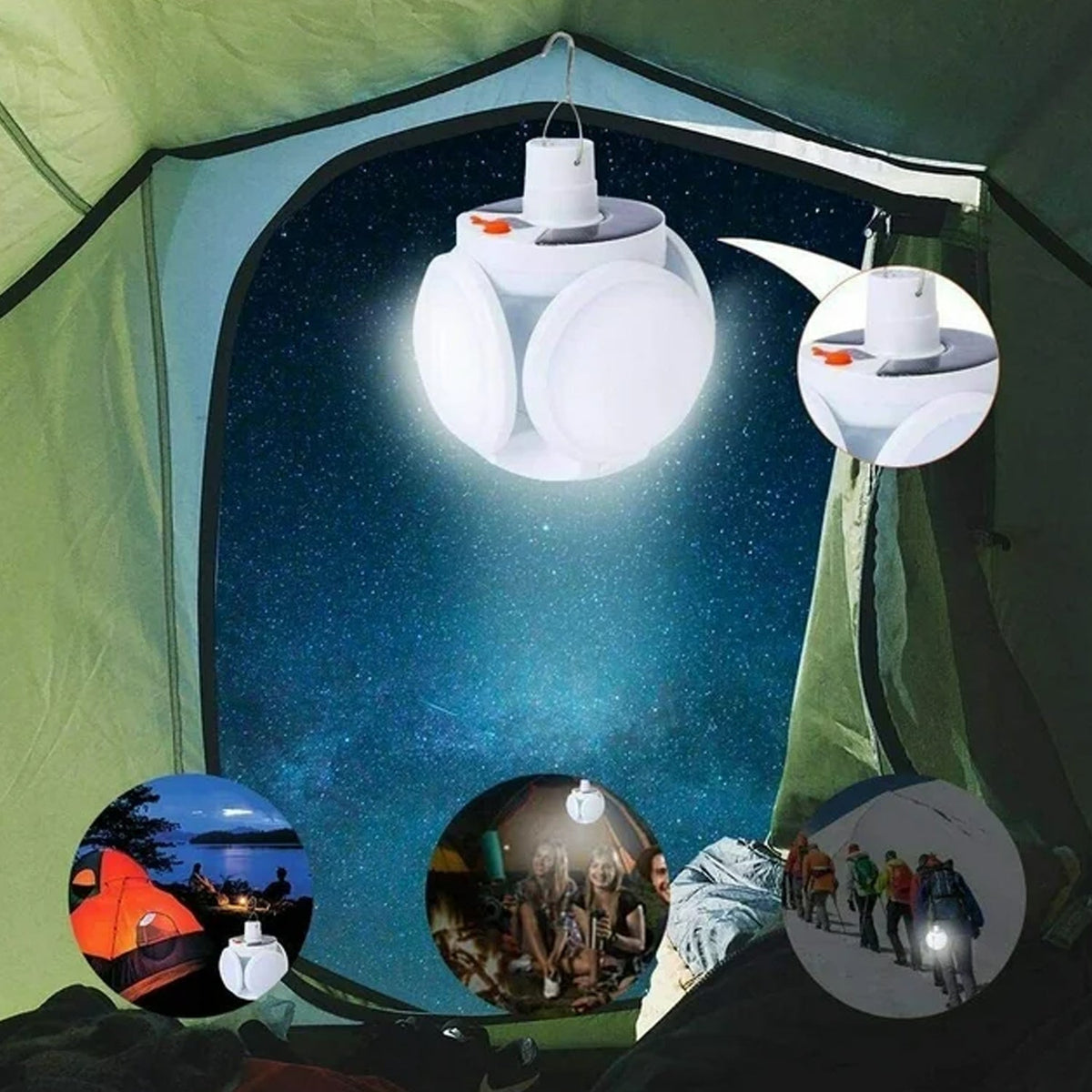 The illuminated camping light hangs inside a tent, with smaller circular insets showing its use in different scenarios.